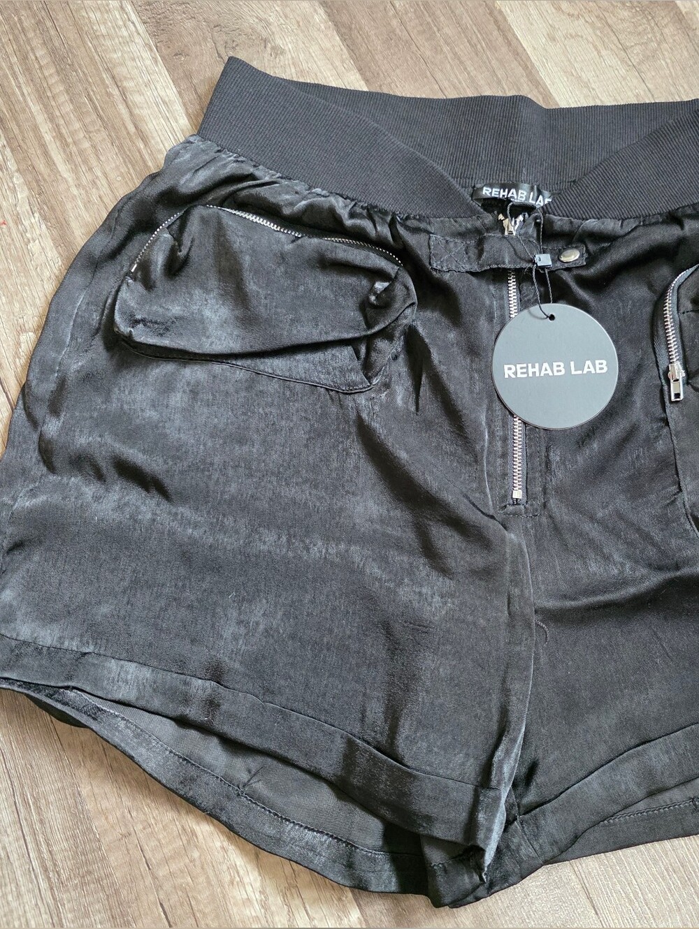Nwt Rehab LAB REVOLVE Black Satin High-Waist Shorts ZIPPER Pocket 90s Y2K ALO
